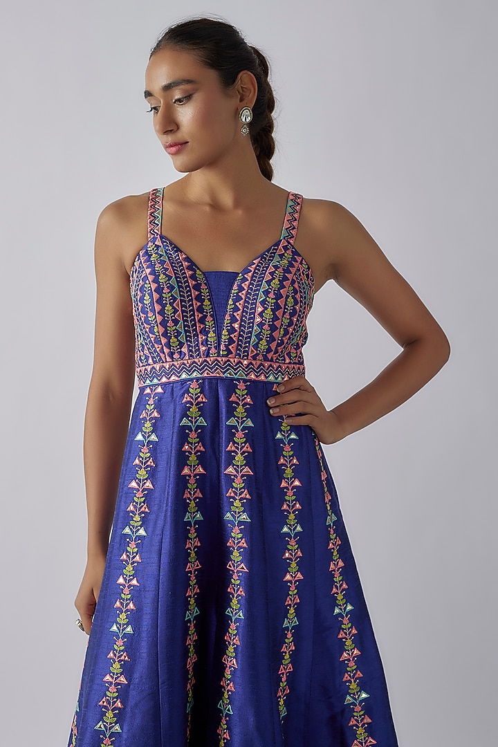 Blue Dupion Silk Resham Embroidered Jumpsuit by Chamee and Palak at Pernia's Pop Up Shop