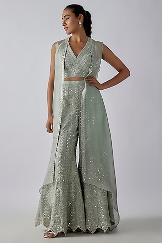 Grey Organza Mirror Embroidered Jacket Set by Chamee and Palak