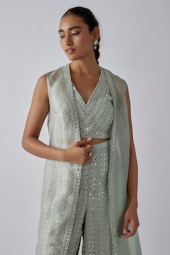 Grey Organza Mirror Embroidered Jacket Set by Chamee and Palak at Pernia's Pop Up Shop