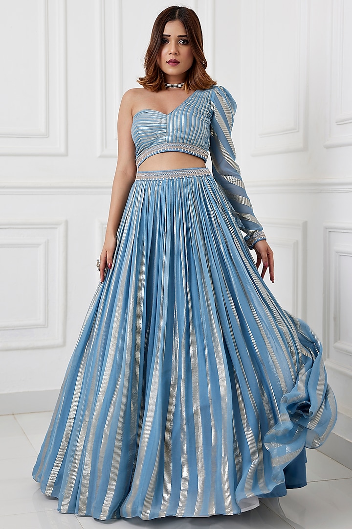 Blue Georgette Stripe Cutdana Embroidered Flared Skirt Set by Chamee and Palak