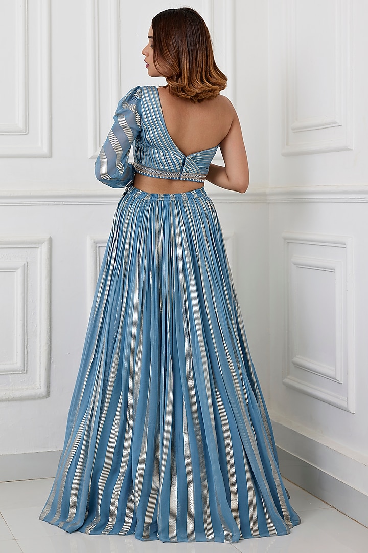 Blue Georgette Stripe Cutdana Embroidered Flared Skirt Set by Chamee and Palak at Pernia's Pop Up Shop