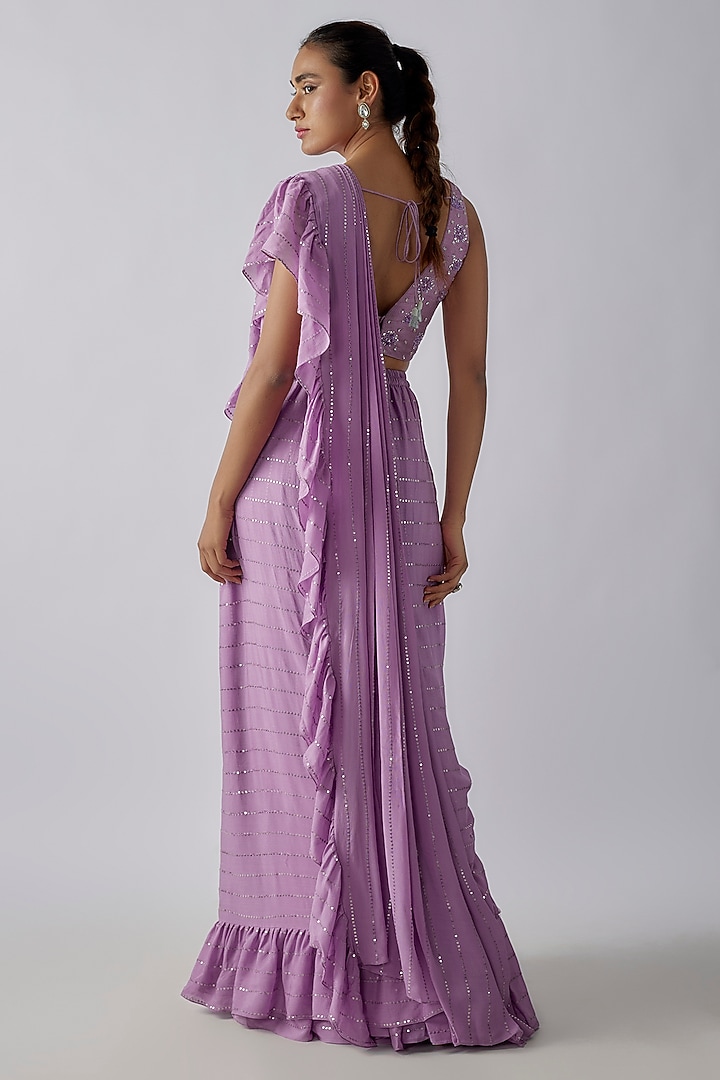Lavender Georgette & Raw Silk Ruffled Pre-Draped Wedding Saree Set by Chamee and Palak at Pernia's Pop Up Shop