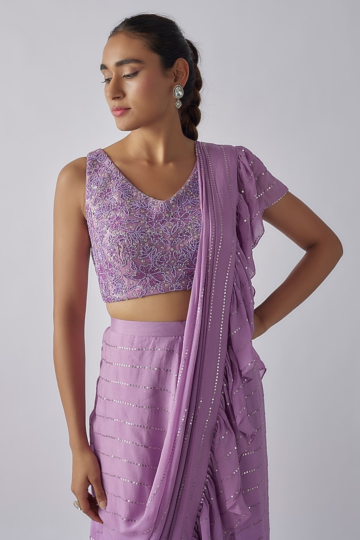 Lavender Georgette & Raw Silk Ruffled Pre-Draped Wedding Saree Set by Chamee and Palak at Pernia's Pop Up Shop