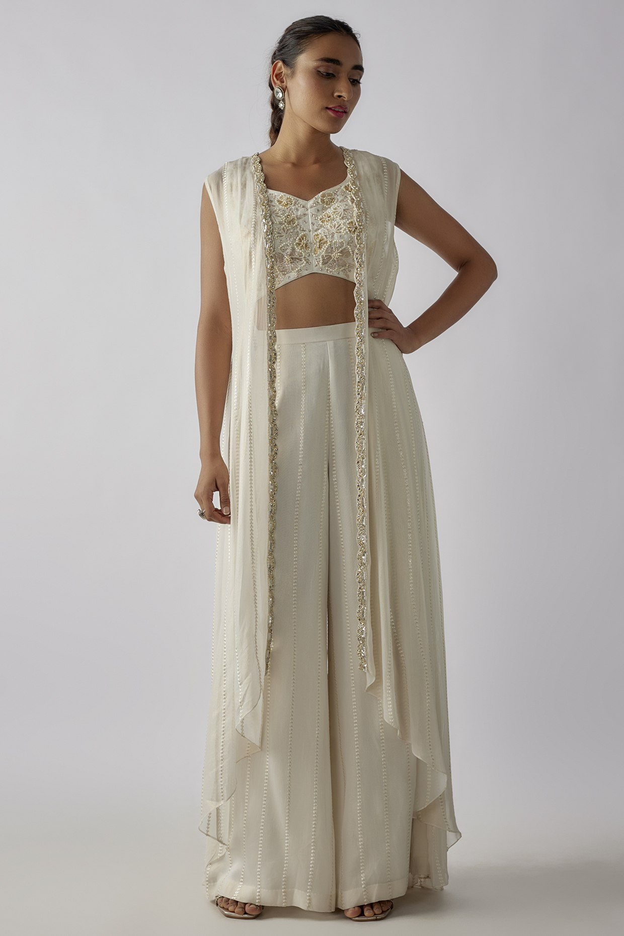 Ivory Georgette Pearl Embroidered Jacket Set by Chamee and Palak at Pernia's Pop Up Shop