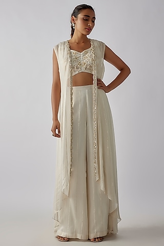 Ivory Georgette Pearl Embroidered Jacket Set by Chamee and Palak