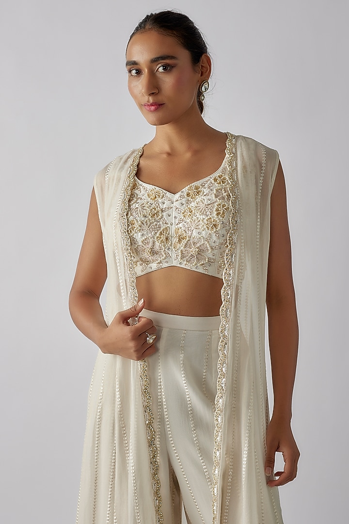 Ivory Georgette Pearl Embroidered Jacket Set by Chamee and Palak at Pernia's Pop Up Shop