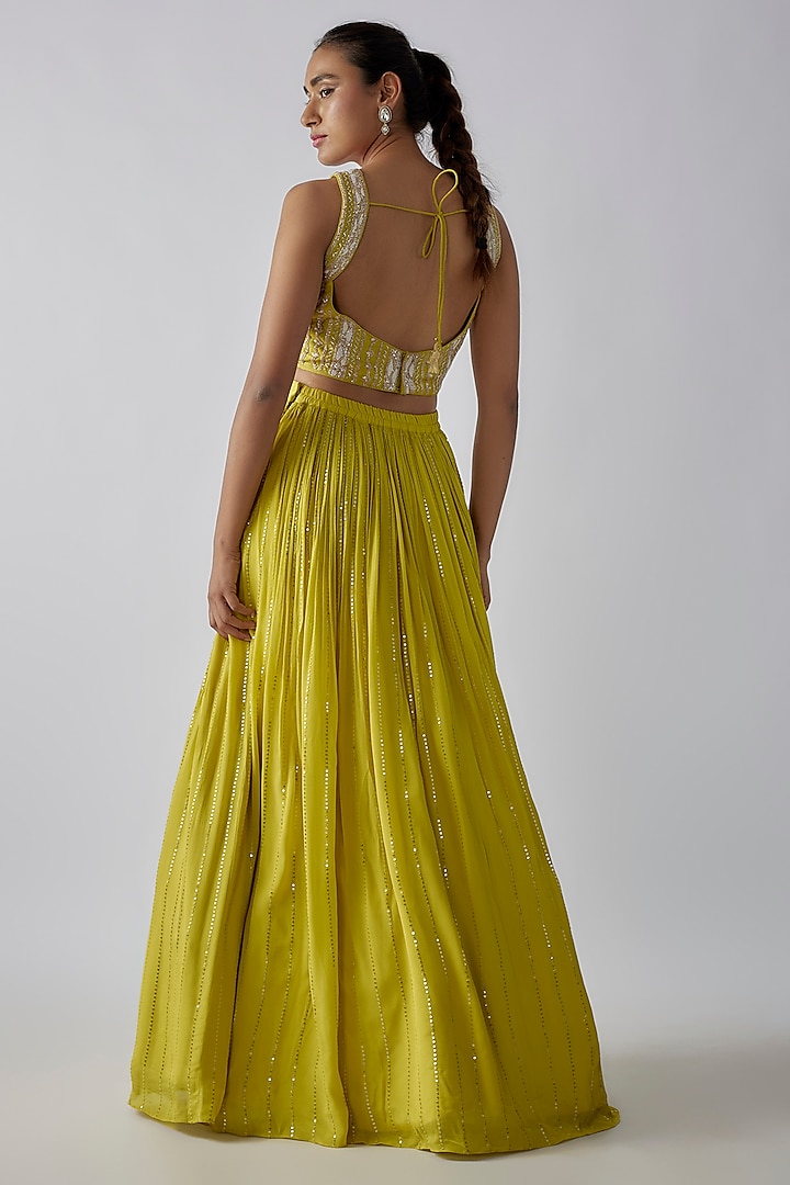 Lime Green Georgette Ruched Wedding Lehenga Set by Chamee and Palak at Pernia's Pop Up Shop