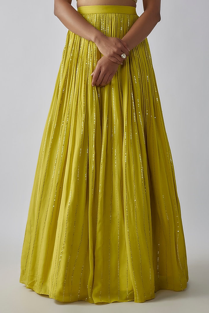 Lime Green Georgette Ruched Wedding Lehenga Set by Chamee and Palak at Pernia's Pop Up Shop