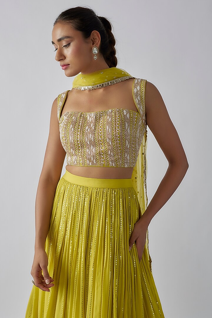 Lime Green Georgette Ruched Wedding Lehenga Set by Chamee and Palak at Pernia's Pop Up Shop