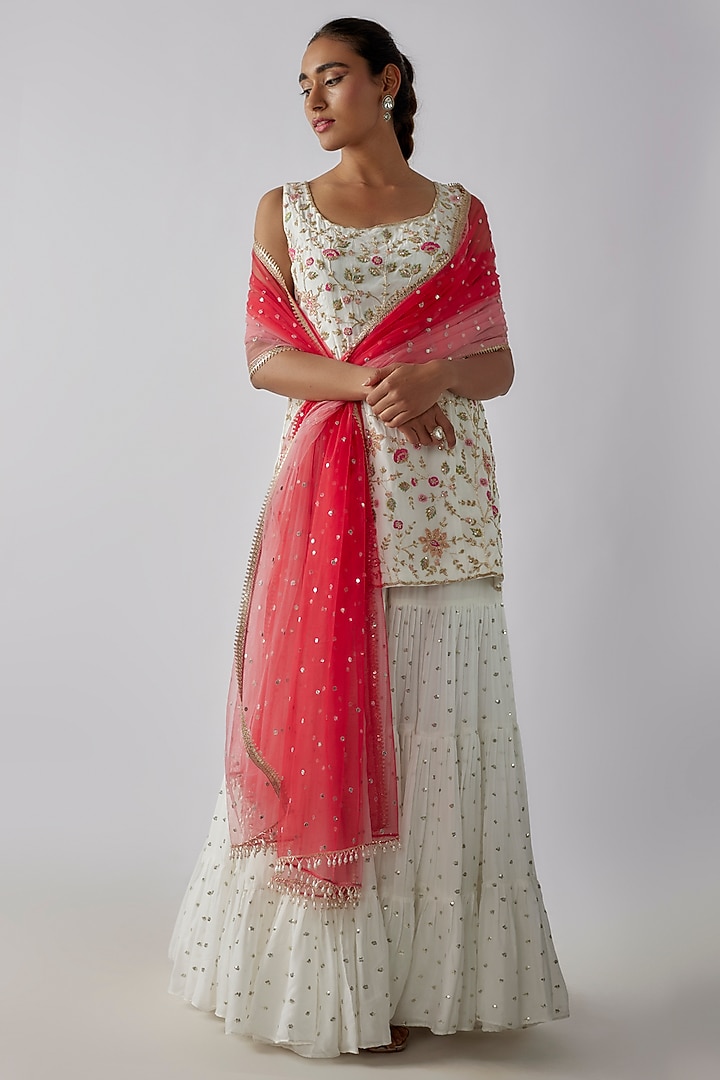 Ivory Georgette Cutdana & Floral Embroidered Wedding Sharara Set by Chamee and Palak at Pernia's Pop Up Shop