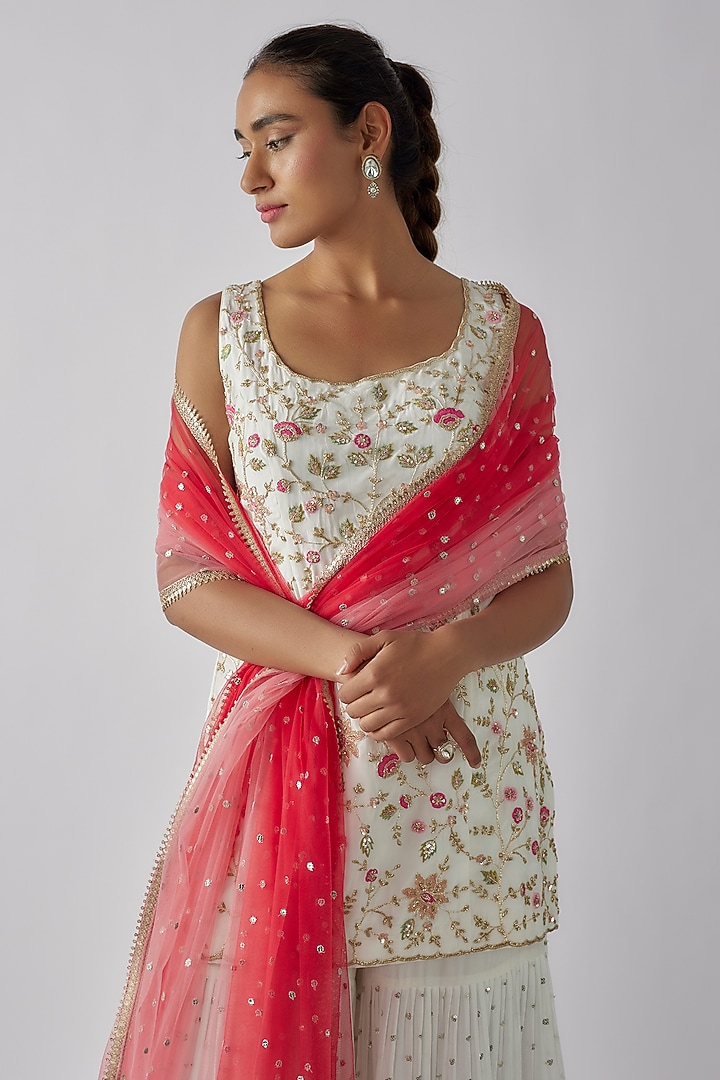 Ivory Georgette Cutdana & Floral Embroidered Wedding Sharara Set by Chamee and Palak at Pernia's Pop Up Shop