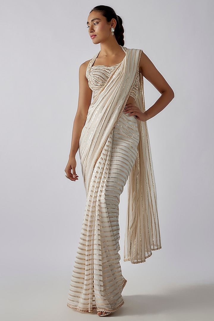 Ivory Georgette Zari Embroidered Partly Pre-Pleated Saree Set by Chamee and Palak at Pernia's Pop Up Shop