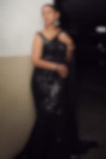 Black Georgette Sequins Embroidered Pre-Stitched Frilled Wedding Saree Set by Chamee and Palak at Pernia's Pop Up Shop