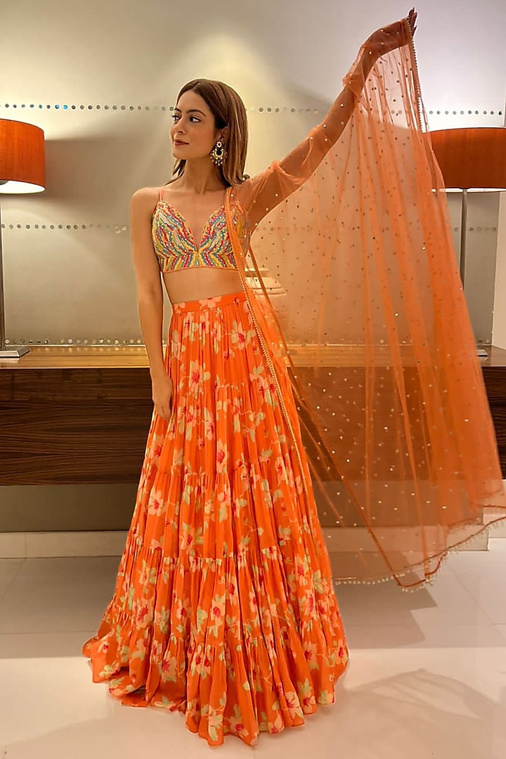 Coral Floral Printed Lehenga Set by Chamee and Palak