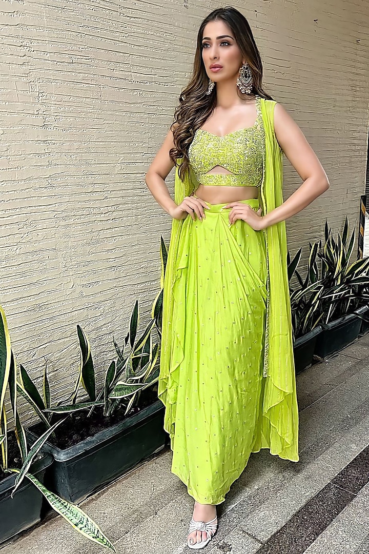 Neon Green Georgette Skirt Set by Chamee and Palak