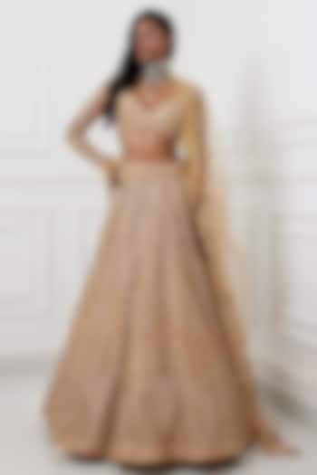 Gold Tulle Mirror & Zardosi Embroidered Wedding Lehenga Set by Chamee and Palak at Pernia's Pop Up Shop