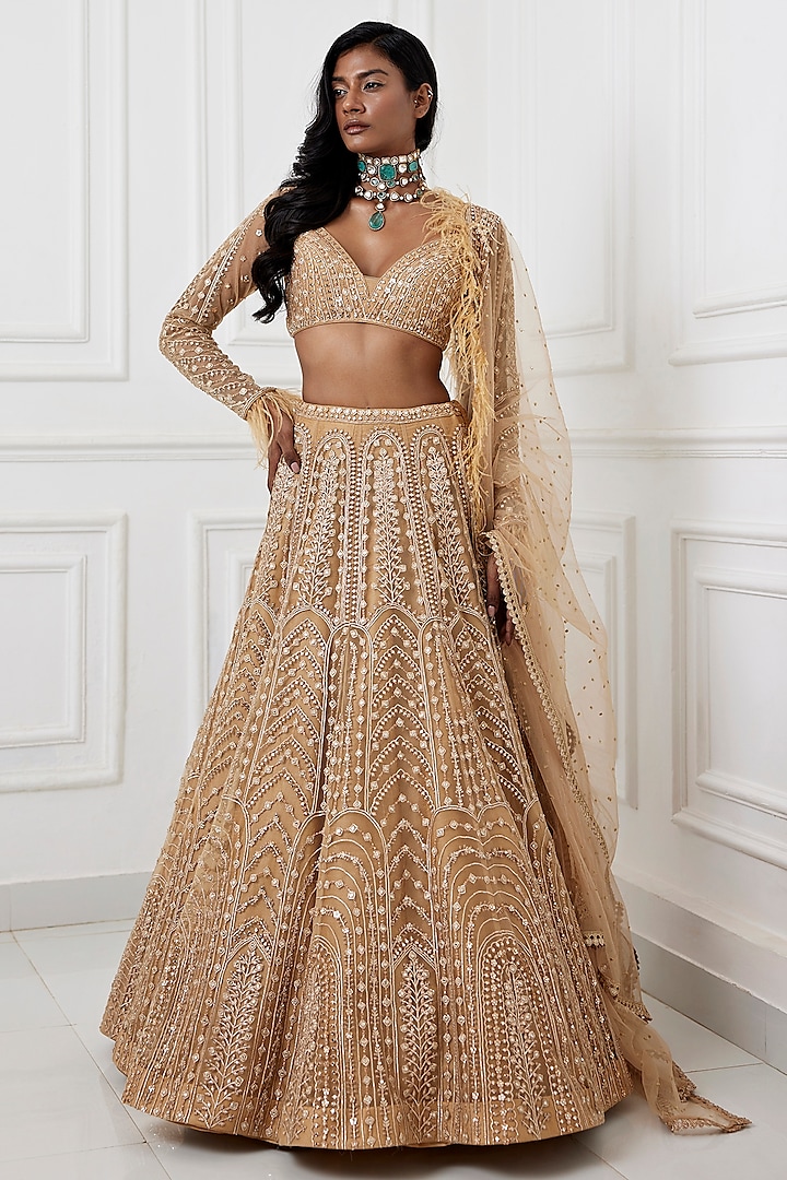 Gold Tulle Mirror & Zardosi Embroidered Wedding Lehenga Set by Chamee and Palak at Pernia's Pop Up Shop