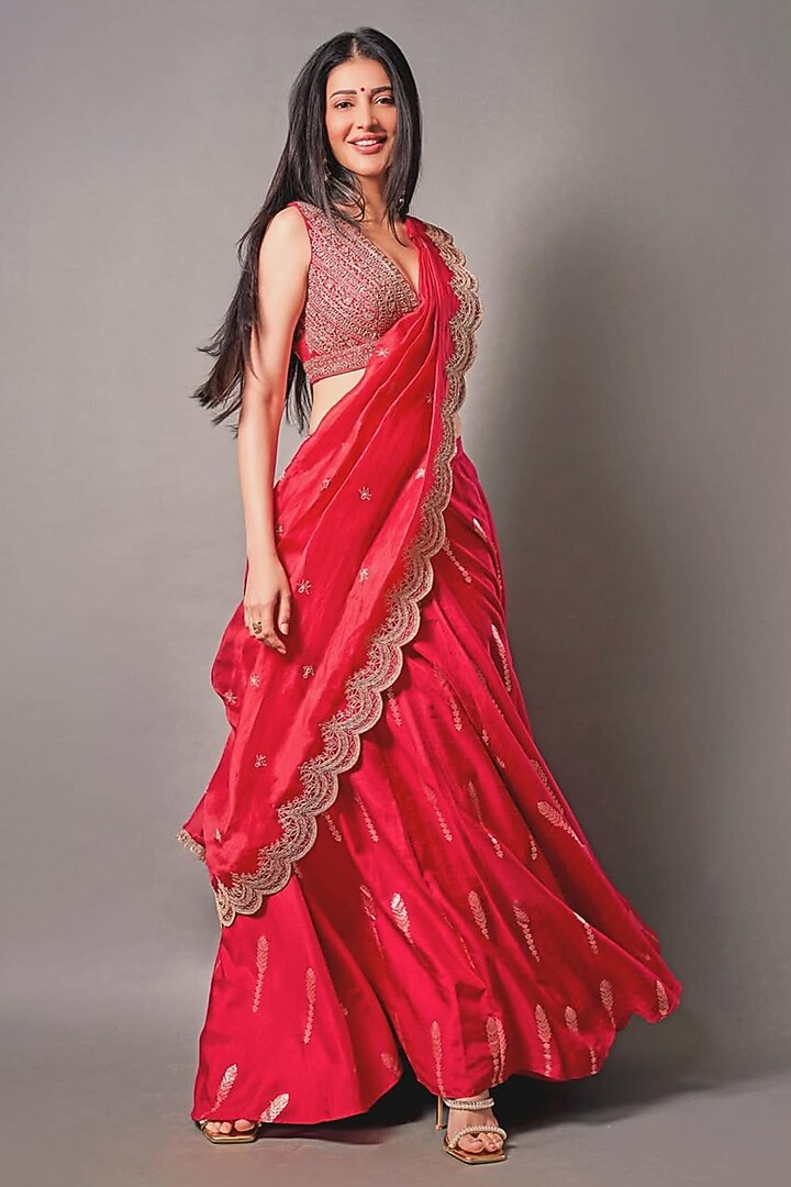 Red Jamewar & Raw Silk Draped Wedding Lehenga Saree Set by Chamee and Palak at Pernia's Pop Up Shop