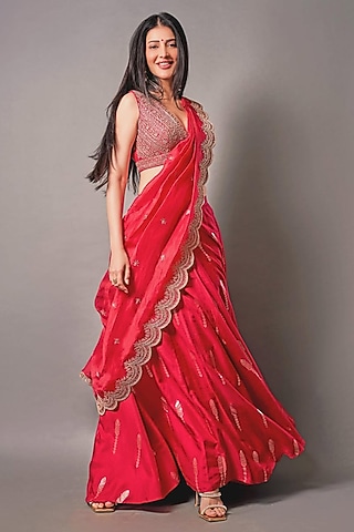 Red Jamewar & Raw Silk Draped Lehenga Saree Set by Chamee and Palak