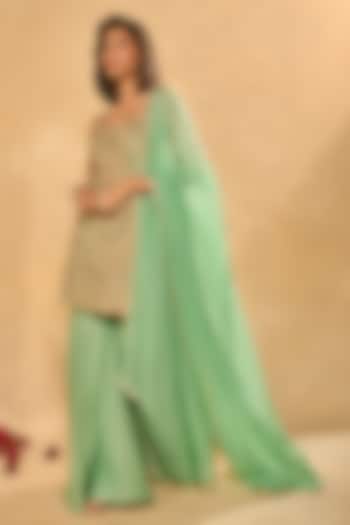 Green Tissue Jamawar Wedding Sharara Set by Chamee and Palak at Pernia's Pop Up Shop