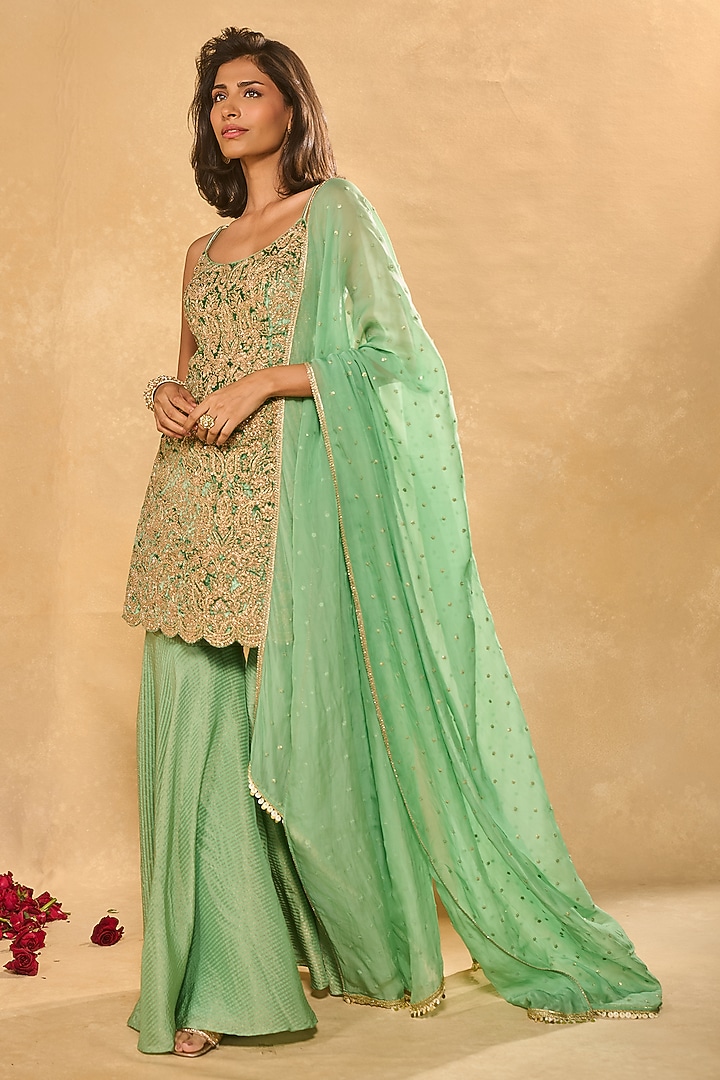 Green Tissue Jamawar Wedding Sharara Set by Chamee and Palak at Pernia's Pop Up Shop