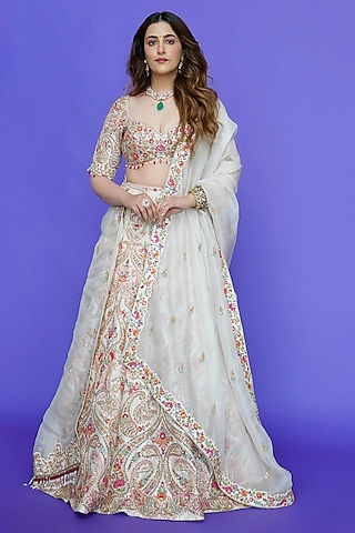 Ivory Raw Silk Zardosi Embroidered Lehenga Set by Chamee and Palak
