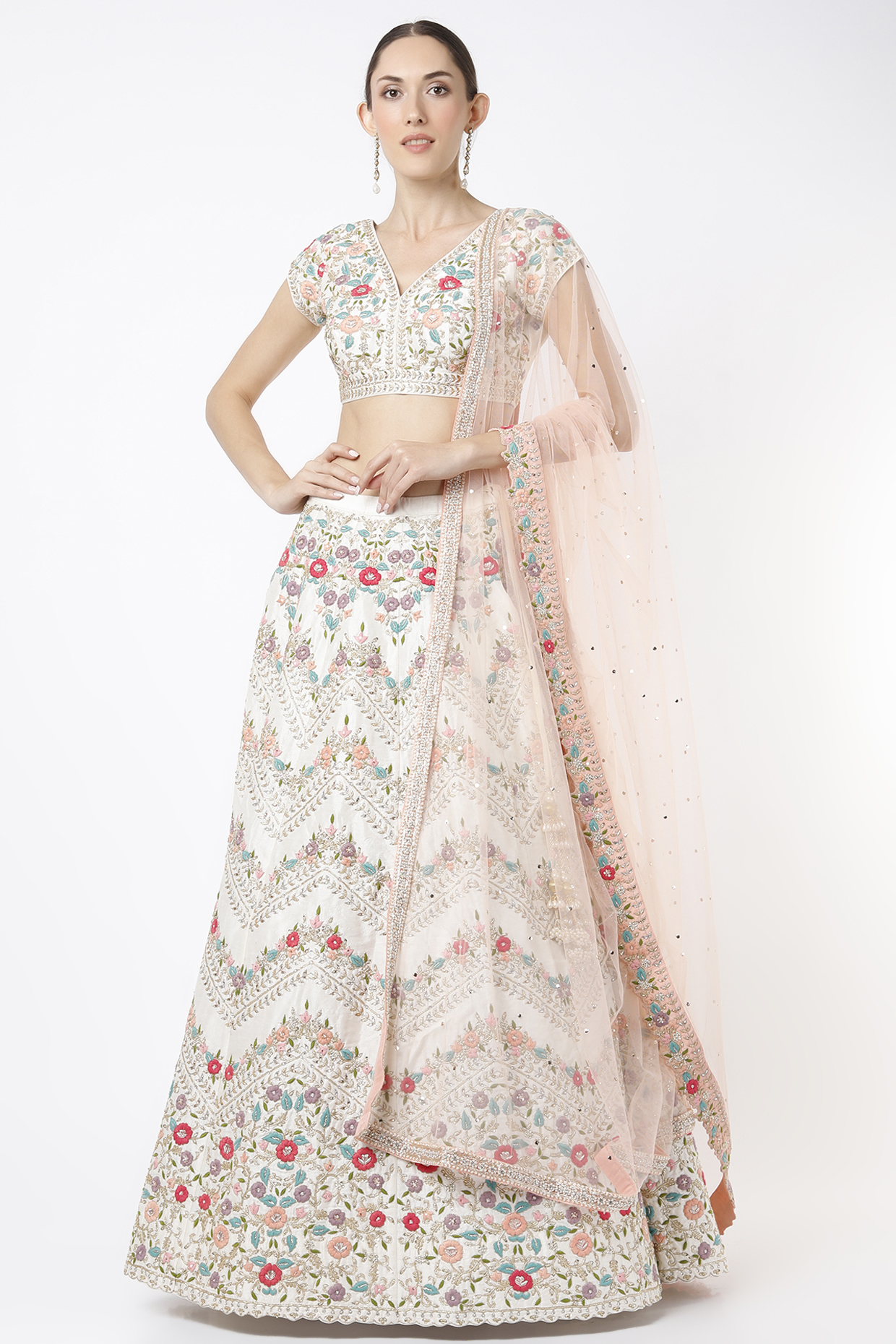 Ivory Dupion Raw Silk Embroidered Bridal Lehenga Set by Chamee and Palak at Pernia's Pop Up Shop