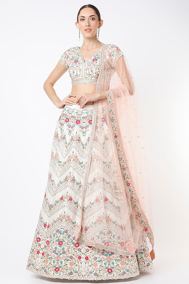 Ivory Dupion Raw Silk Embroidered Bridal Lehenga Set by Chamee and Palak at Pernia's Pop Up Shop