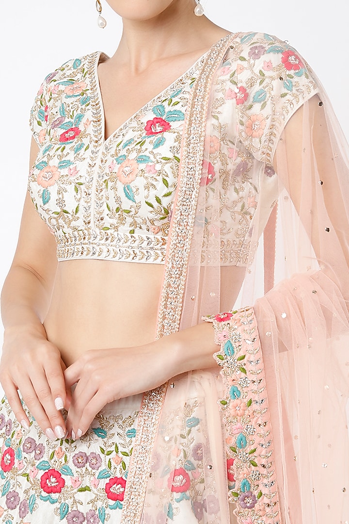 Ivory Dupion Raw Silk Embroidered Bridal Lehenga Set by Chamee and Palak at Pernia's Pop Up Shop