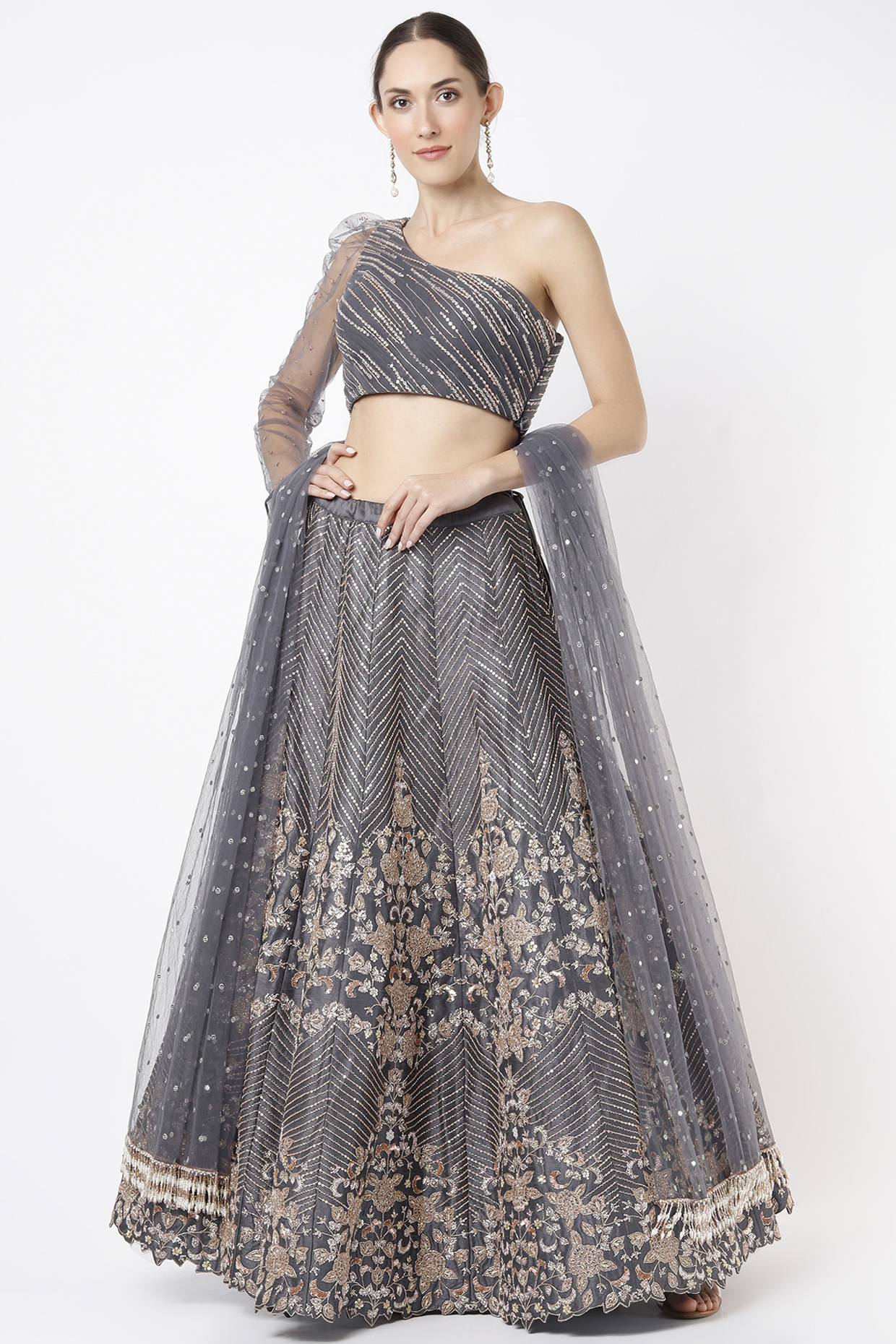 Slate Grey Dupion Silk Embroidered Bridal Lehenga Set by Chamee and Palak at Pernia's Pop Up Shop