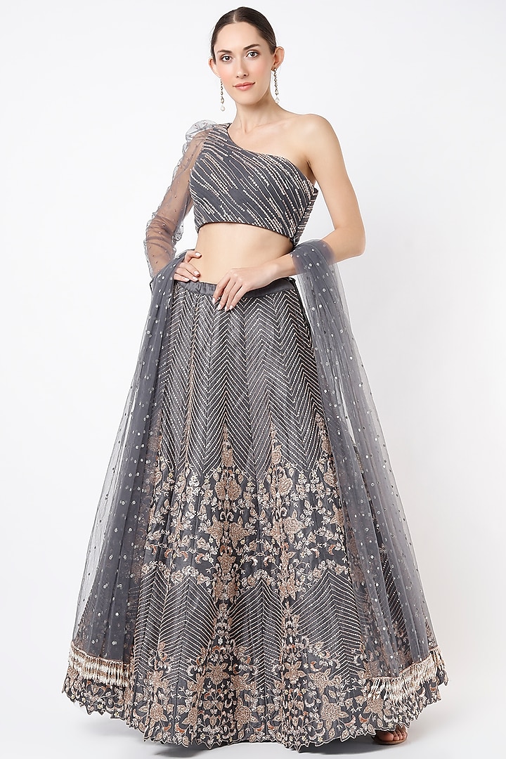 Slate Grey Dupion Silk Embroidered Bridal Lehenga Set by Chamee and Palak at Pernia's Pop Up Shop