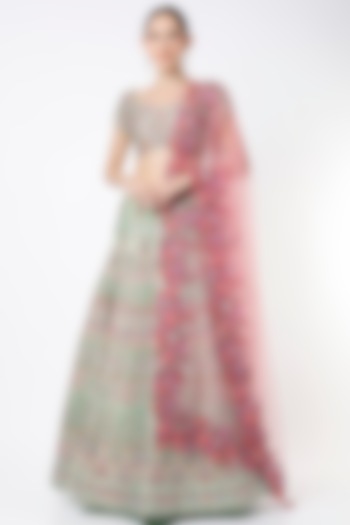 Citrus Blue Dupion Silk Embroidered Bridal Lehenga Set by Chamee and Palak at Pernia's Pop Up Shop