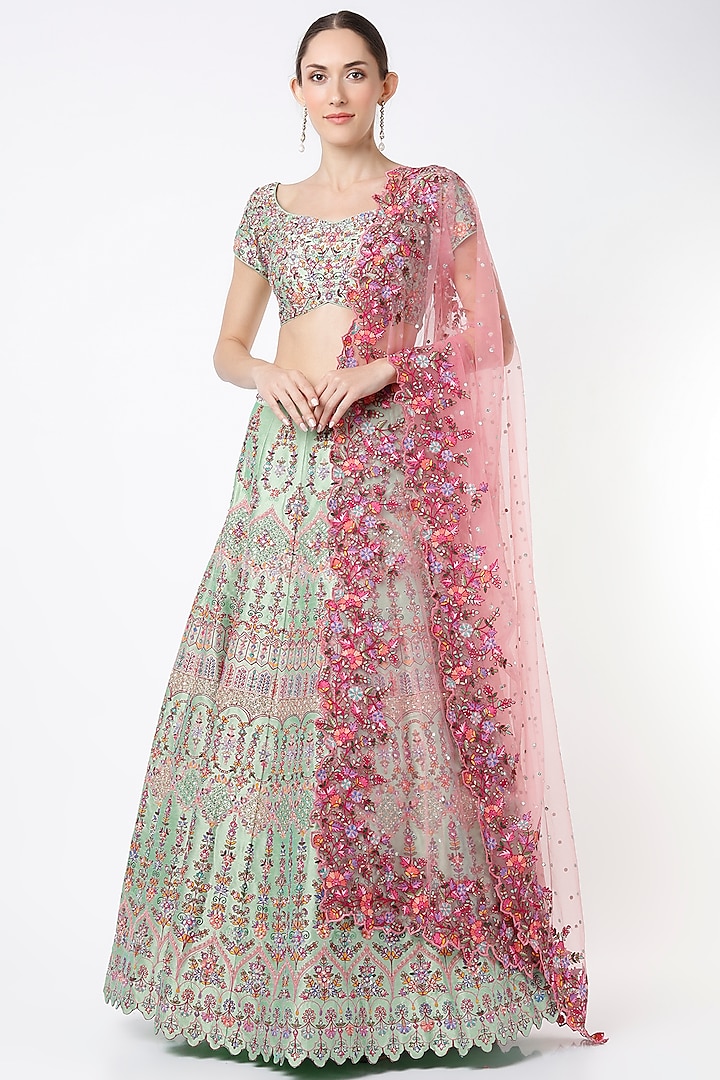 Citrus Blue Dupion Silk Embroidered Bridal Lehenga Set by Chamee and Palak at Pernia's Pop Up Shop