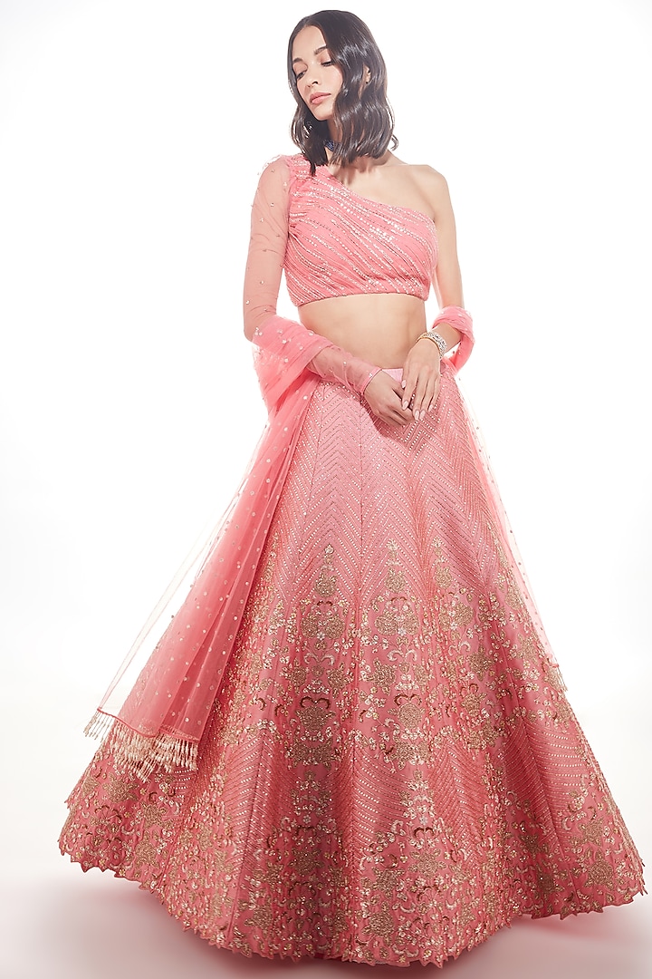 Geranium Pink Embroidered Lehenga Set by Chamee and Palak