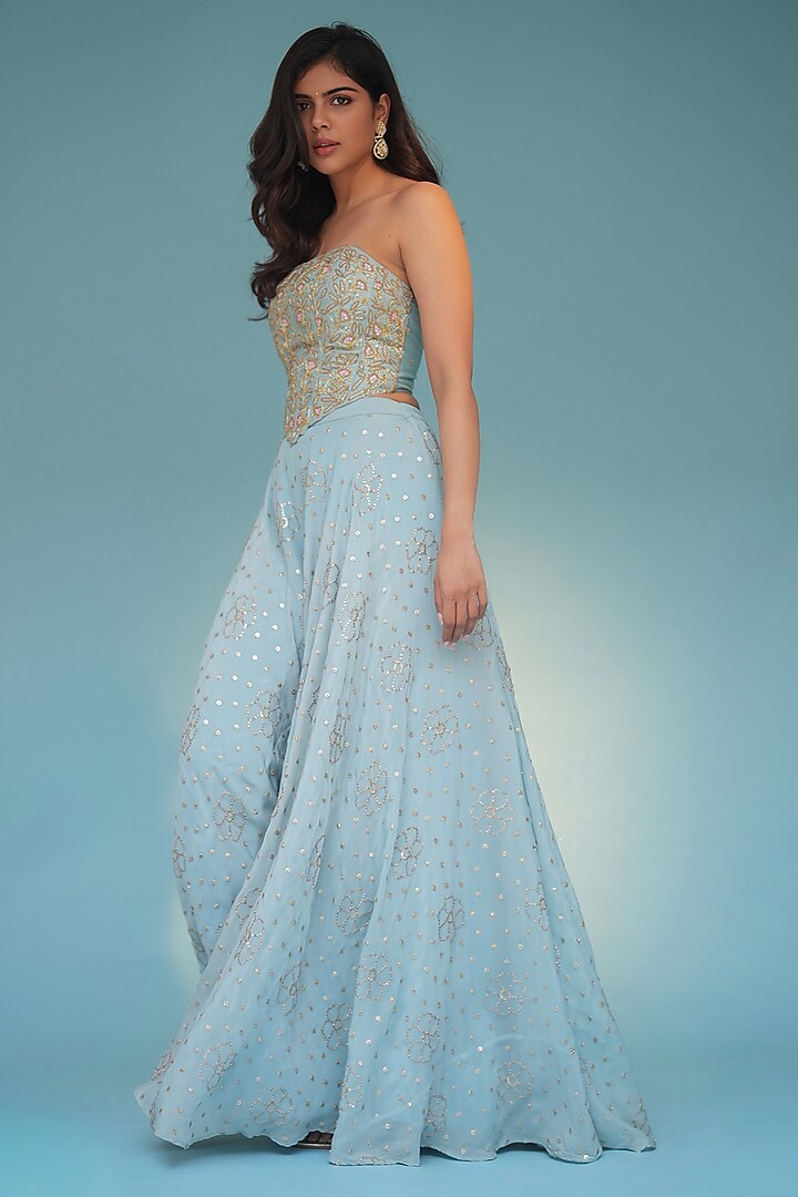 Blue Crepe Embellished Flared Pant Set by Chamee and Palak at Pernia's Pop Up Shop