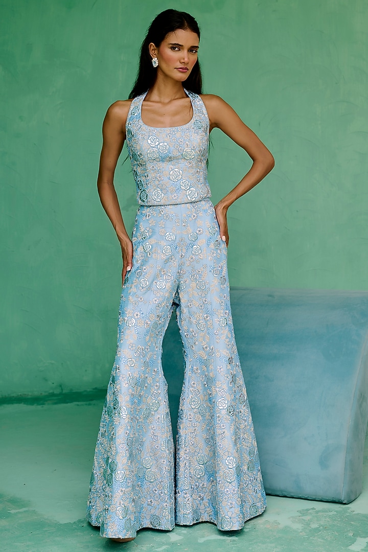 Blue Dupion Silk Floral Thread Embroidered Flared Pant Set by Chamee and Palak at Pernia's Pop Up Shop