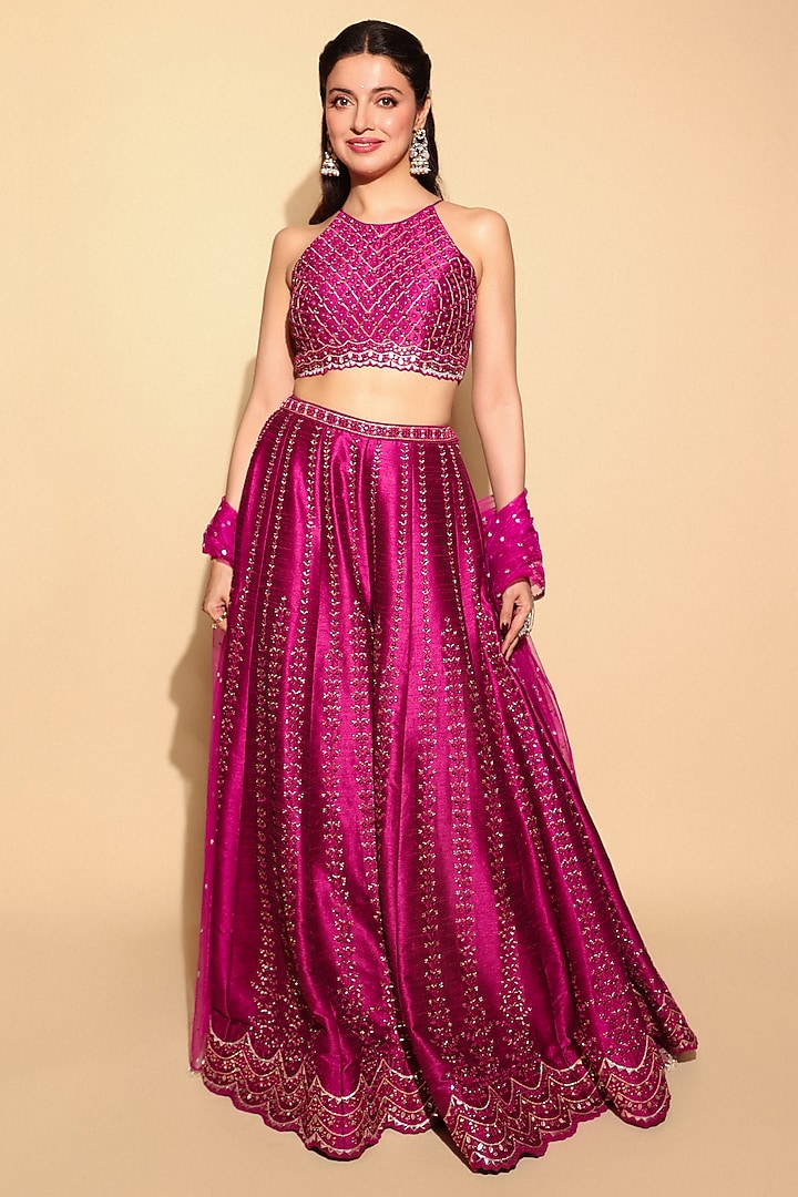 Magenta Dupion Silk Mirror Embellishment Palazzo Pant Set by Chamee and Palak at Pernia's Pop Up Shop