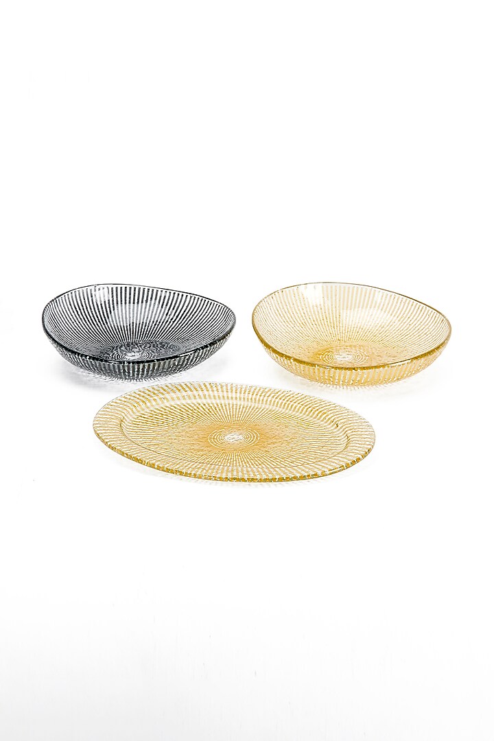 Gold & Black Glass Handcrafted Bowls & Platter Set (Set of 3) by Coco Bee