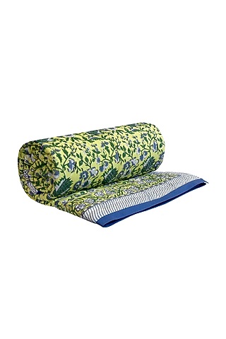 Yellow Cotton Indian Motif Block Printed Quilt by Coco Bee