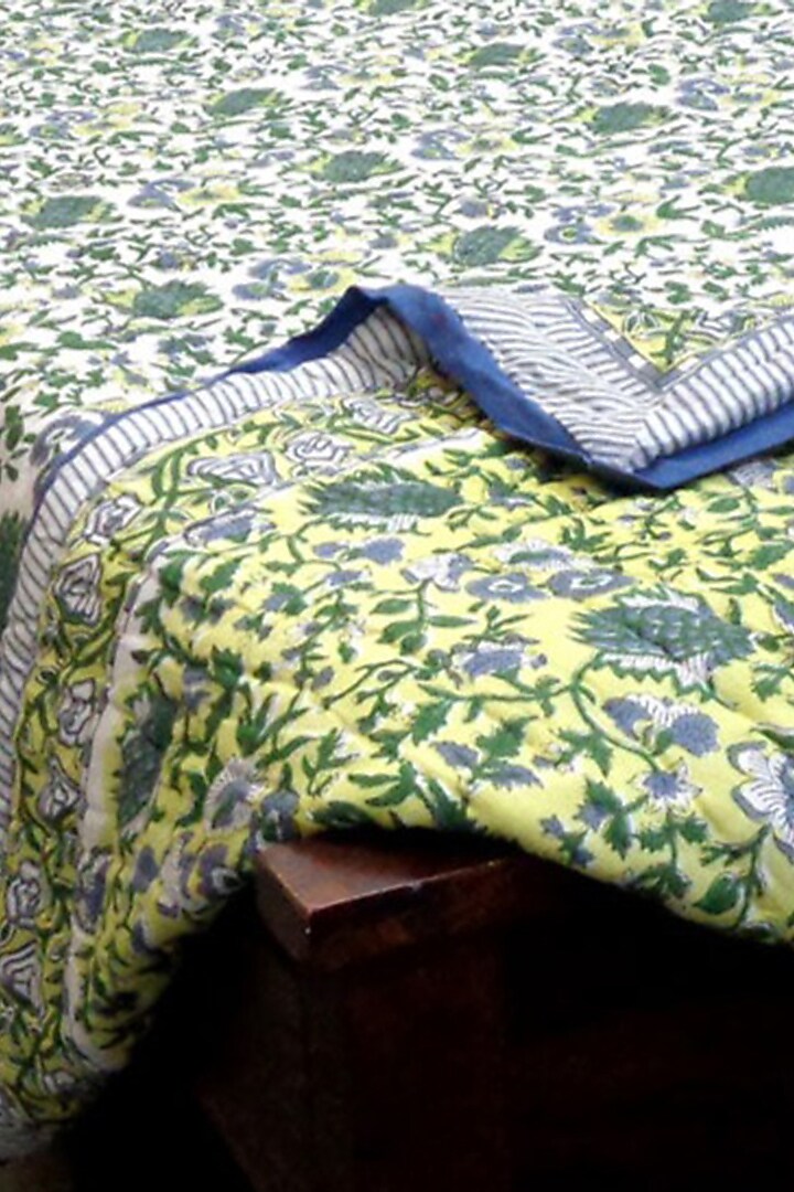 Yellow Cotton Indian Motif Block Printed Quilt by Coco Bee at Pernia's Pop Up Shop