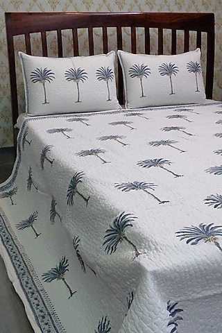 White Cotton Hand Block Printed Quilted Bedspread by Coco Bee