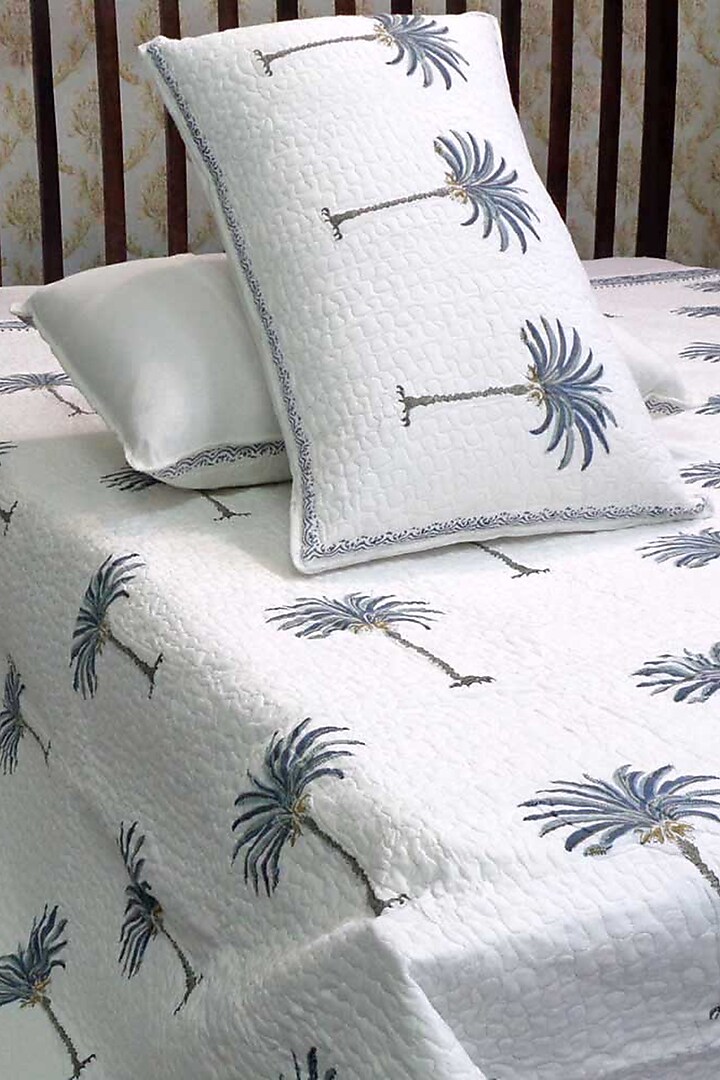 White Cotton Hand Block Printed Quilted Bedspread by Coco Bee at Pernia's Pop Up Shop
