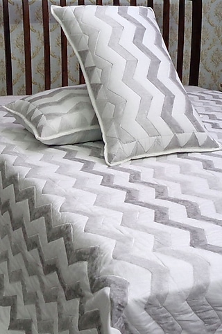 White Cotton Hand Block Printed Quilted Bedspread by Coco Bee