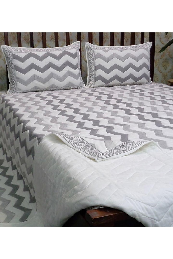 White Cotton Hand Block Printed Quilted Bedspread by Coco Bee at Pernia's Pop Up Shop