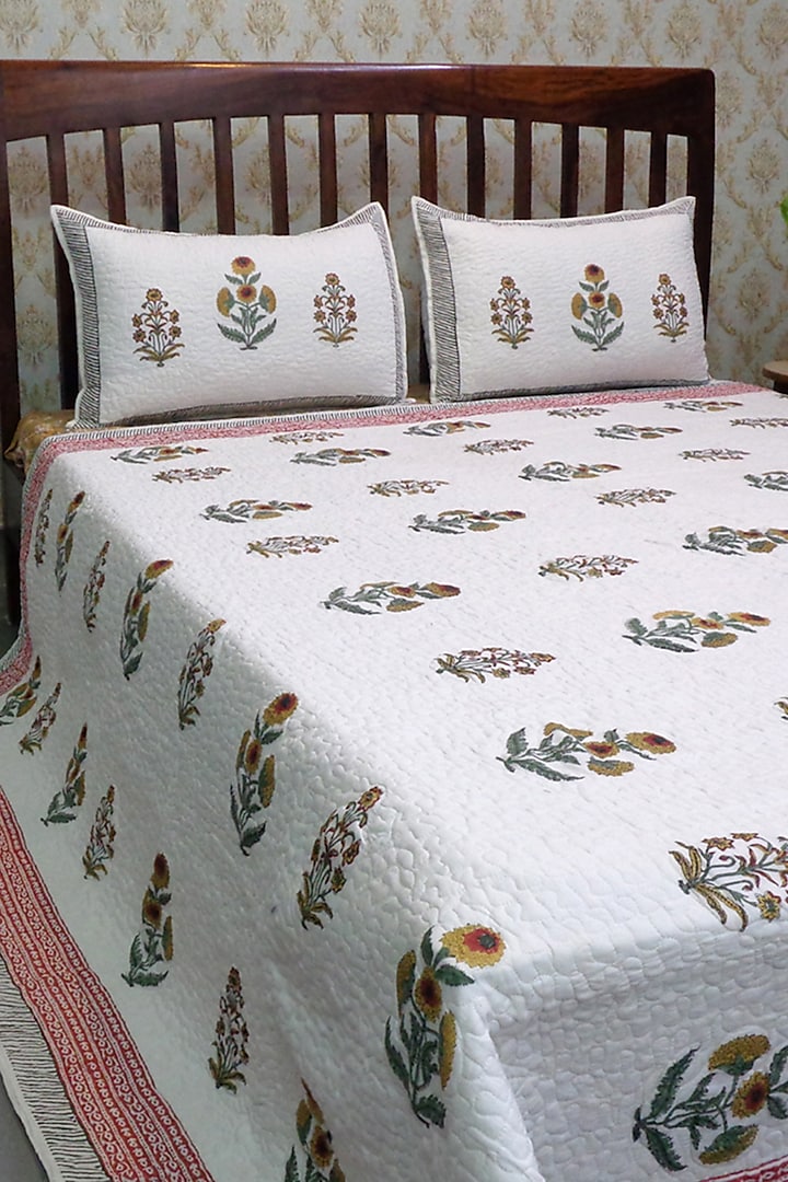 White Cotton Hand Block Printed Quilted Bedspread by Coco Bee