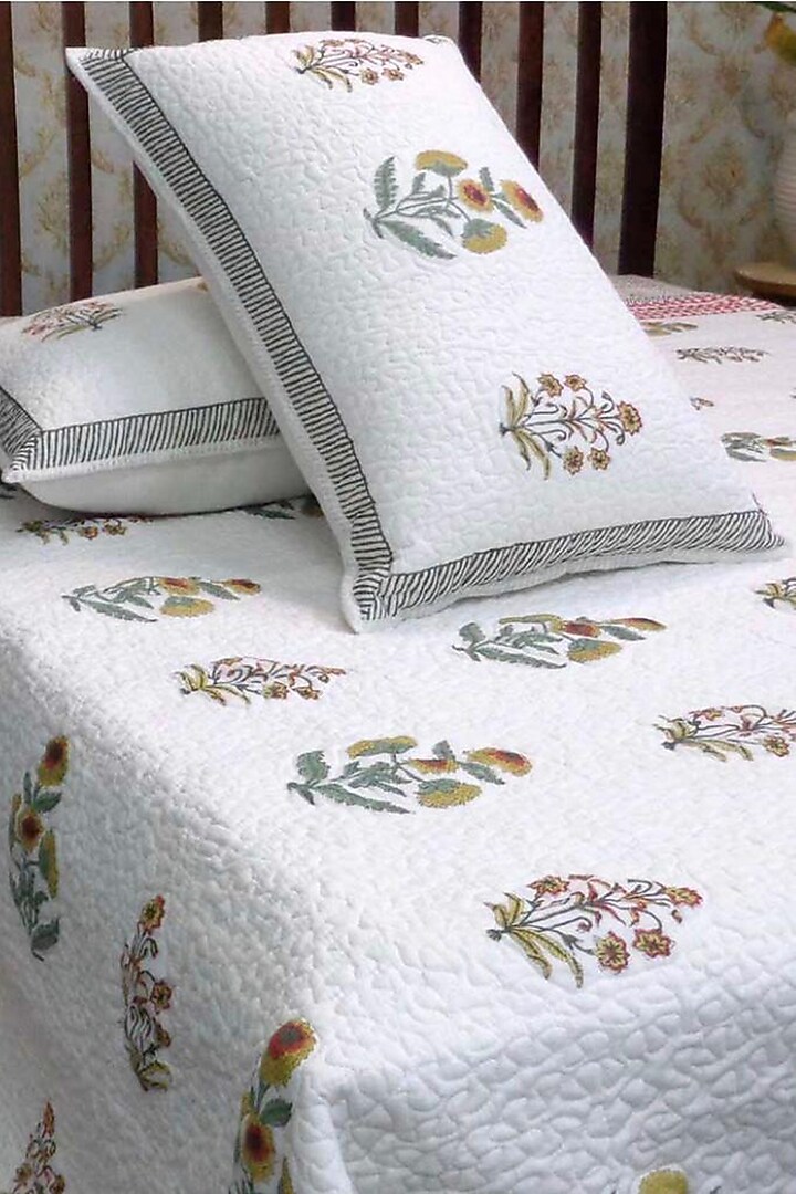 White Cotton Hand Block Printed Quilted Bedspread by Coco Bee at Pernia's Pop Up Shop