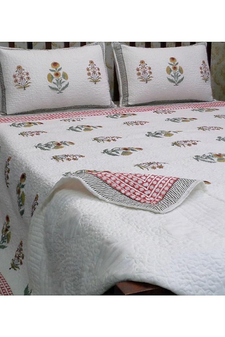 White Cotton Hand Block Printed Quilted Bedspread by Coco Bee at Pernia's Pop Up Shop