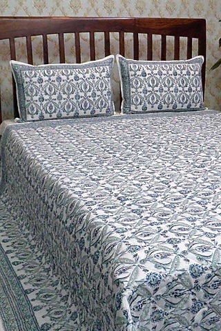 White Cotton Hand Block Printed Quilted Bedspread by Coco Bee