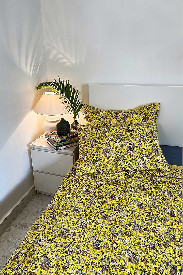 Yellow Cotton Hand Block Printed Quilted Bedspread by Coco Bee