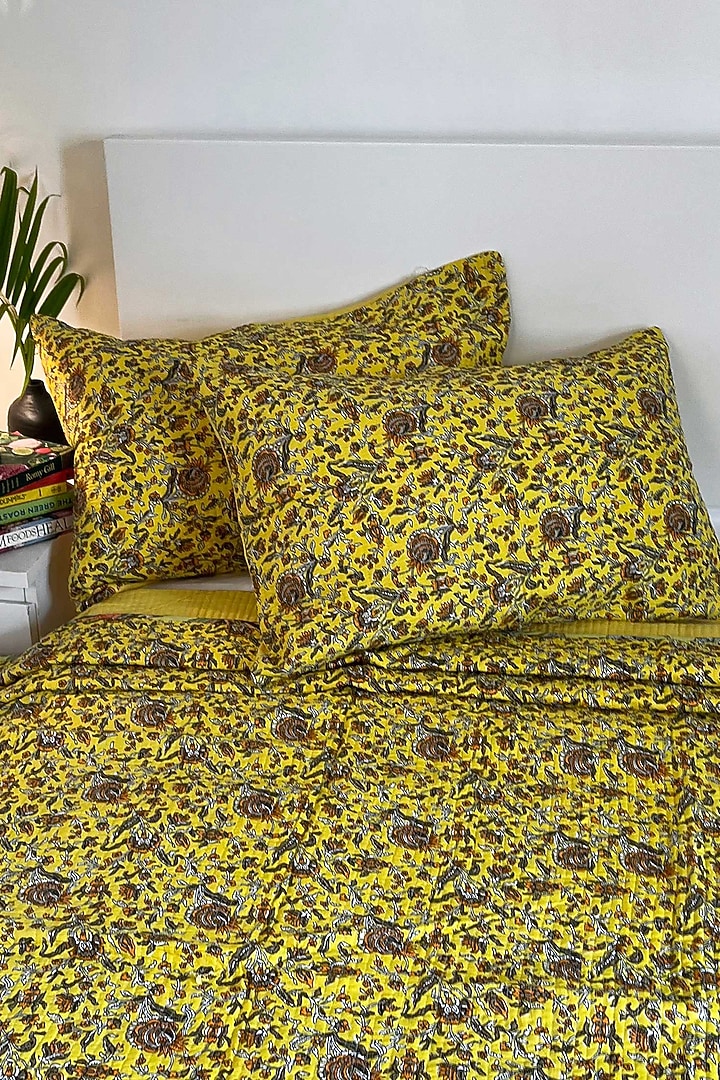 Yellow Cotton Hand Block Printed Quilted Bedspread by Coco Bee at Pernia's Pop Up Shop